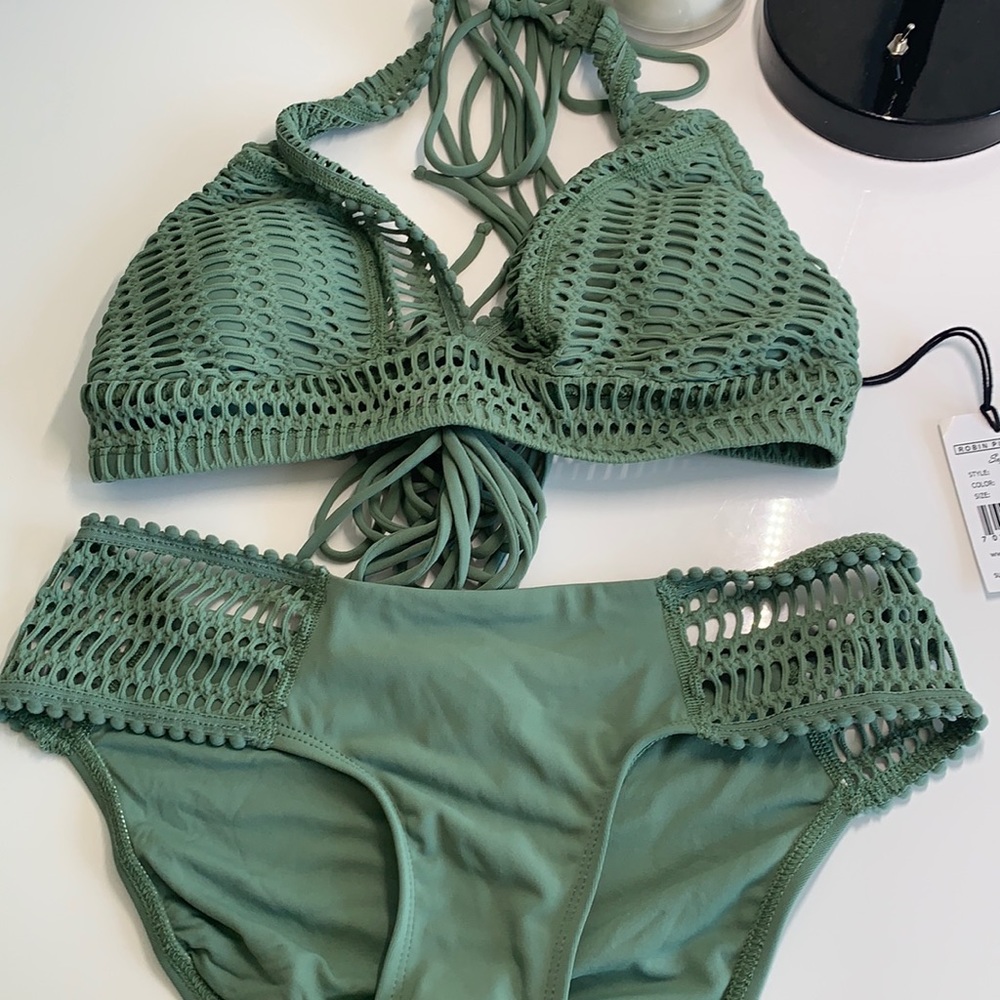 Designer brand Robin Piccone green crochet bikini